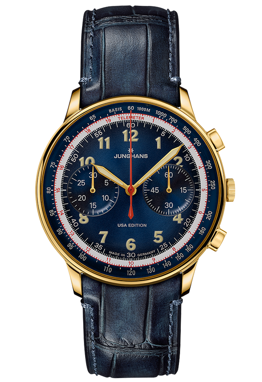 Junghans 27/5580.02 Telemeter Edition USA Blue Gold Tone Chronograph Automatic
