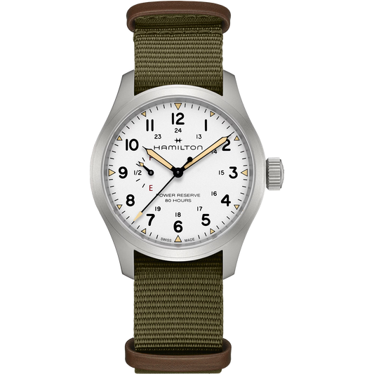 Hamilton H69509910 Khaki Field Mechanical Power Reserve White Dial NATO