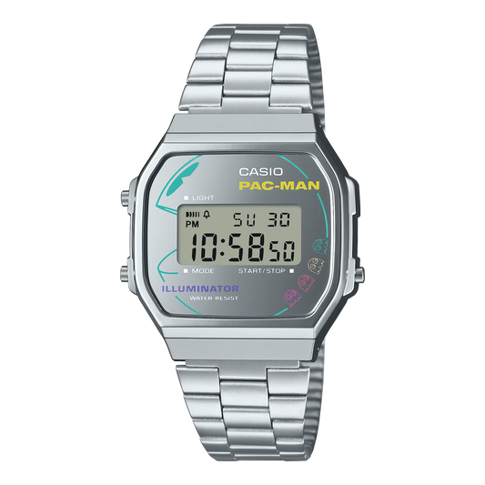 G-Shock A168WEPC-7A PAC-MAN Collaboration Vintage Silver Digital