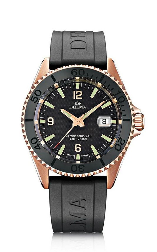 Delma 43501.562.6C034 Santiago Professional Black Dial Rose Gold Quartz 43mm