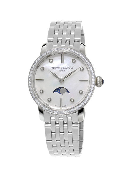 Frederique Constant FC-206MPWD1SD6B 76 Diamonds Slimline Ladies Moonphase Stainless Steel Mother of Pearl
