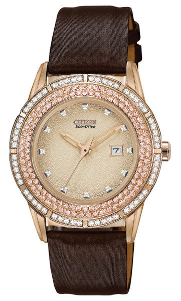 Citizen Ladies Eco-Drive TTG Crystal Bezel Brown Leather Dress Watch FE1113-03A