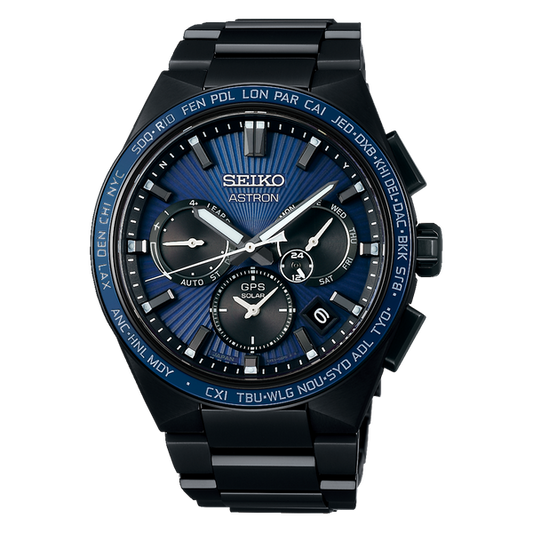 Seiko Astron SSH121 Sunburst Blue DLC Solar GPS Titanium Dual Time