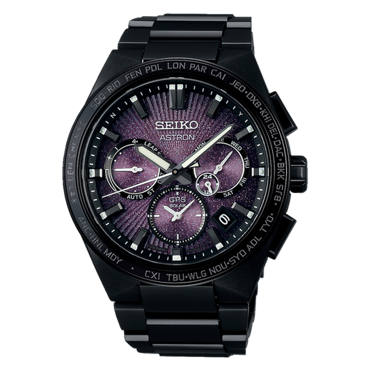 Seiko Astron SSH123 Sunburst Plum DLC Solar GPS Titanium Dual Time