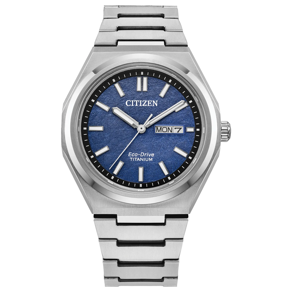 Citizen AW0130-85L Zenshin Three-Hand Super Titanium Blue Textured Dial Eco-Drive