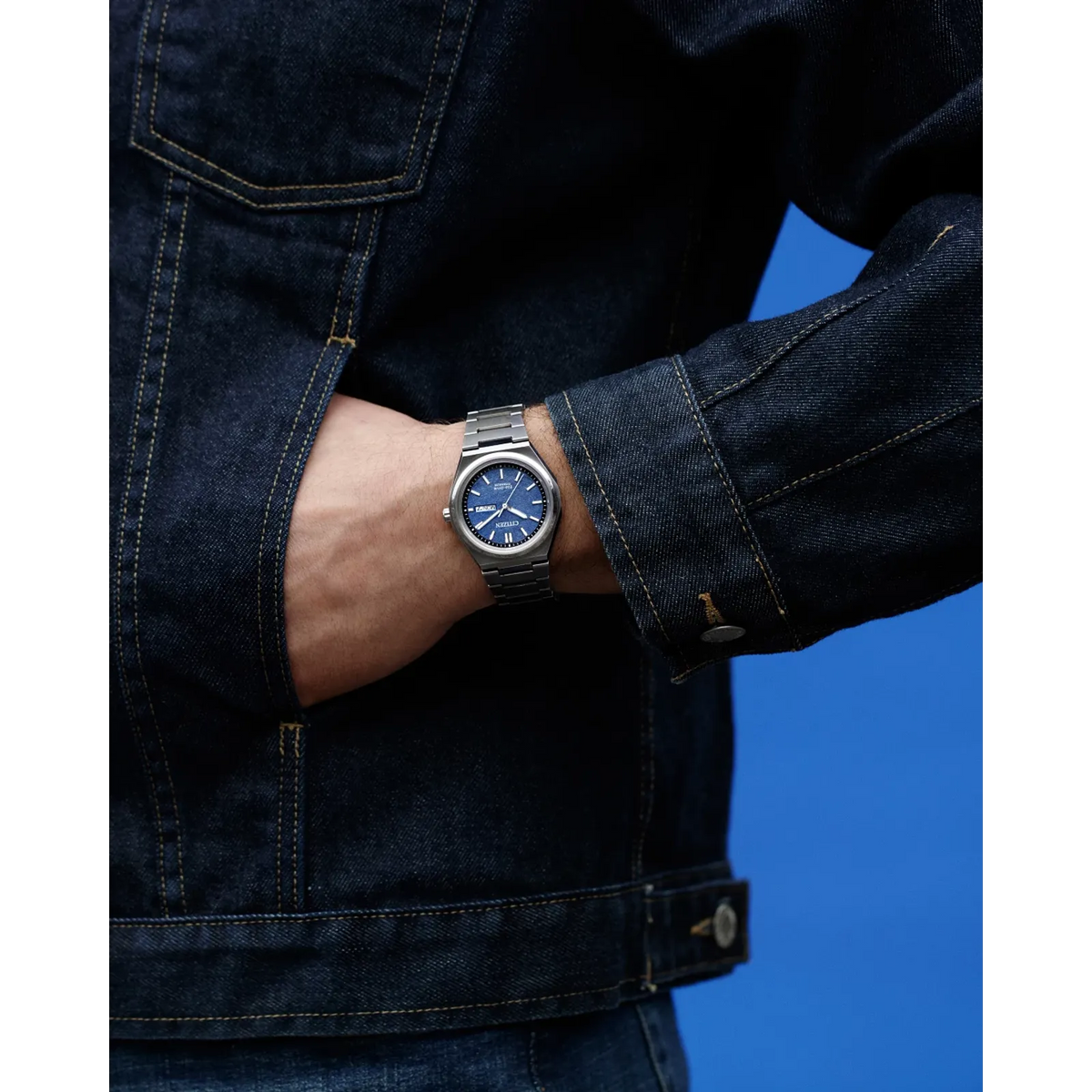 Citizen AW0130-85L Zenshin Three-Hand Super Titanium Blue Textured Dial Eco-Drive