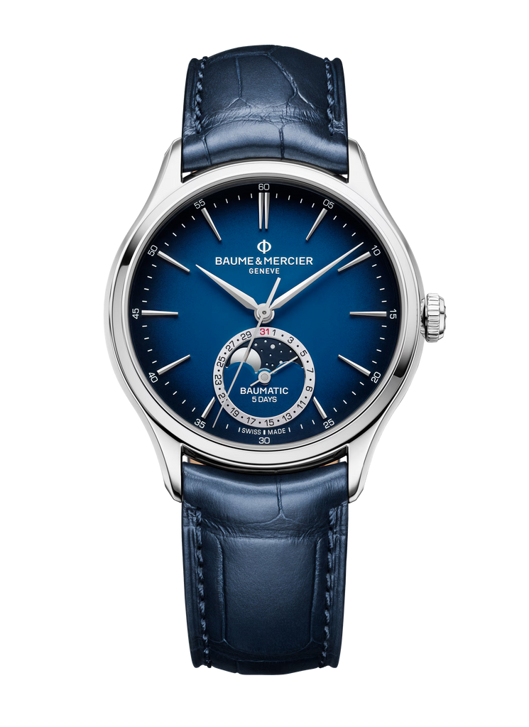 Baume et Mercier 10756 Clifton Baumatic Moonphase Date Blue Dial 39m Arizona Fine Time