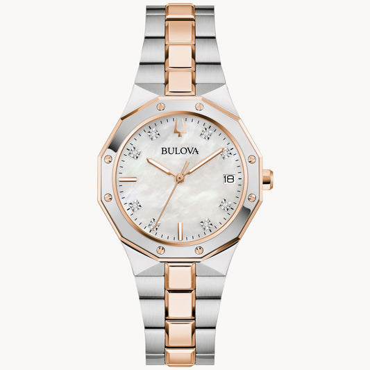 Bulova 98P235 Prestige Classic Mother of Pearl Two-Tone Rose Gold Stainless Diamonds Ladies