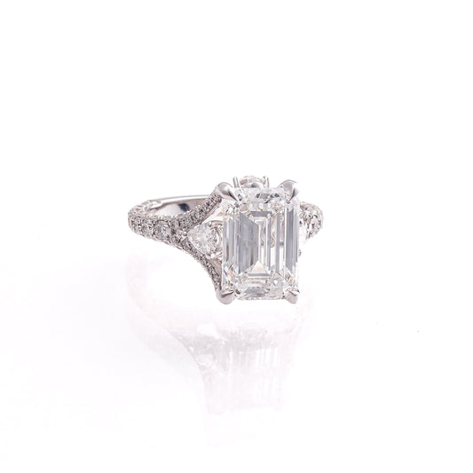 5ct Emerald Lab-Grown Diamond Engagement Ring with Pear Basket & Three-Row Pavé Band