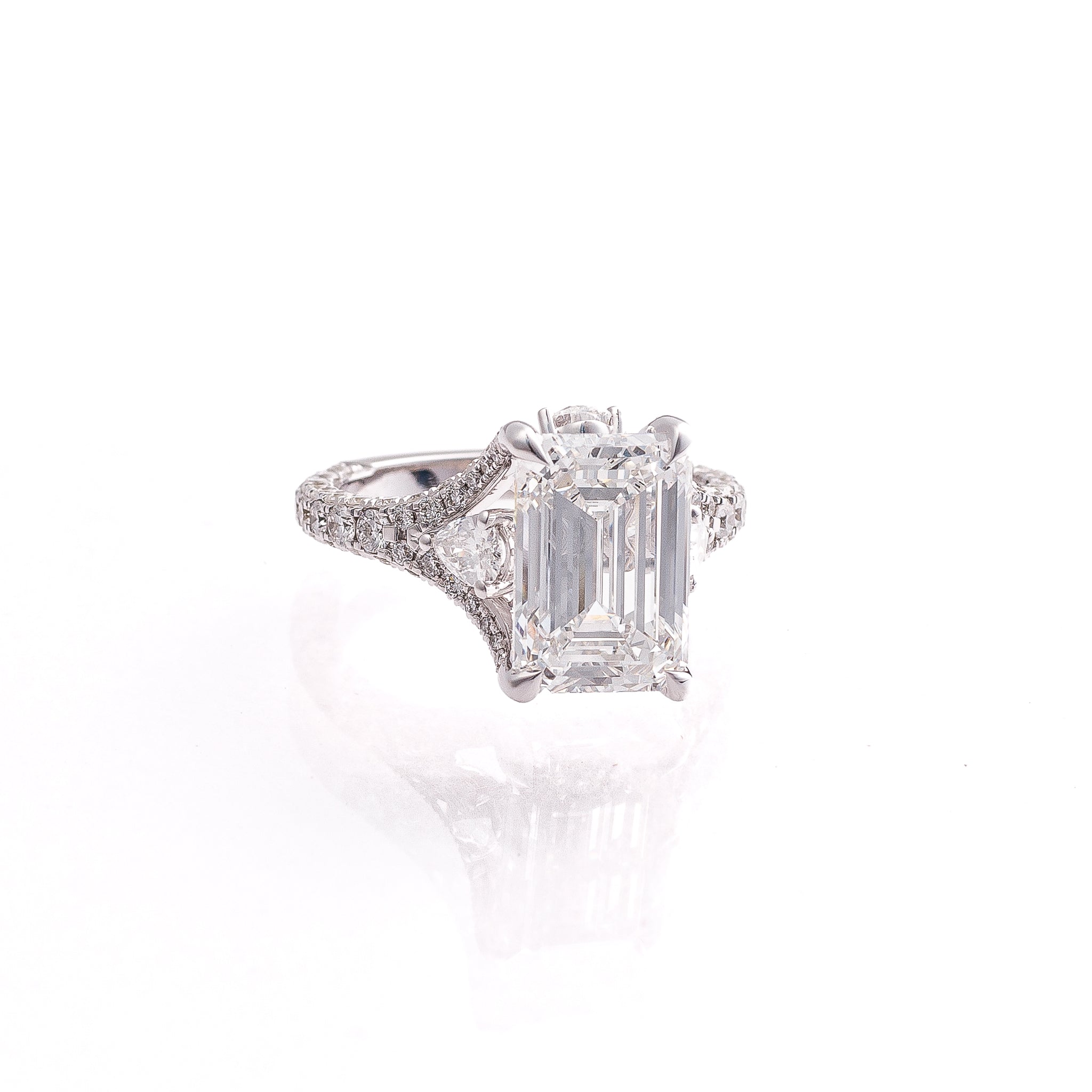 5ct Emerald Lab-Grown Diamond Engagement Ring with Pear Basket & Three-Row Pavé Band