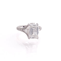 5ct Emerald Lab-Grown Diamond Engagement Ring with Pear Basket & Three-Row Pavé Band