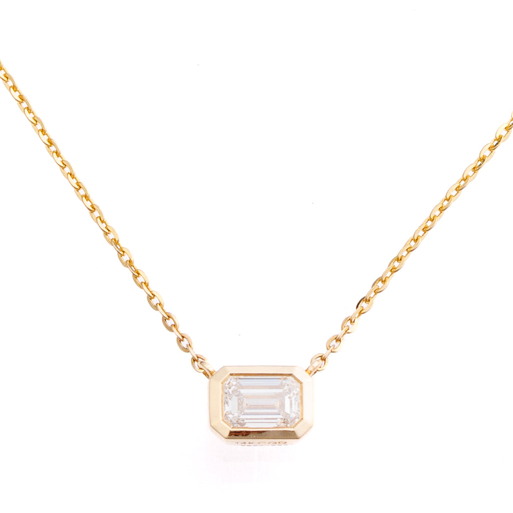 East-West Emerald Cut Bezel Lab-Grown Diamond Solitaire Necklace in 14k Yellow Gold