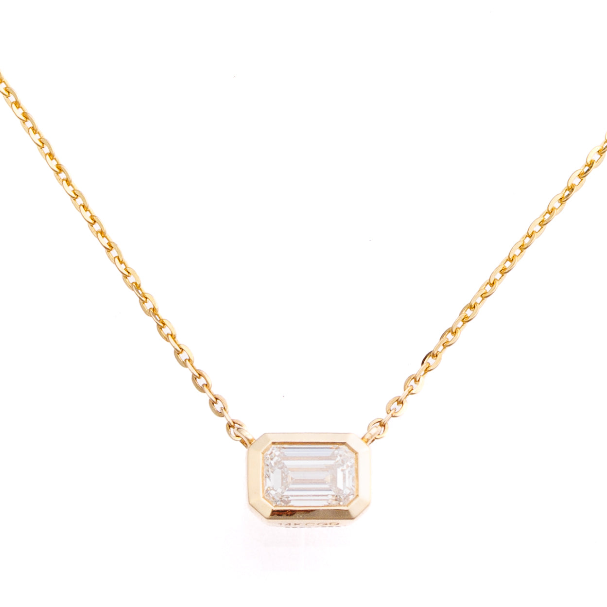 East-West Emerald Cut Bezel Lab-Grown Diamond Solitaire Necklace in 14k Yellow Gold