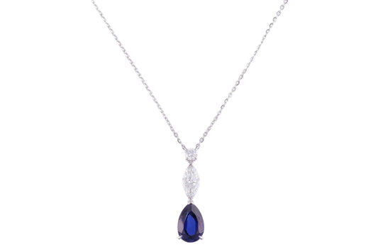 Pear Sapphire and Diamond Pendant Necklace in 14k White Gold