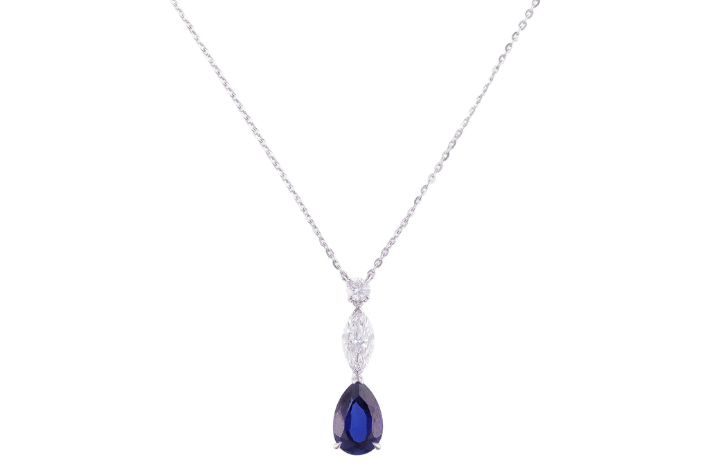 Pear Sapphire and Diamond Pendant Necklace in 14k White Gold