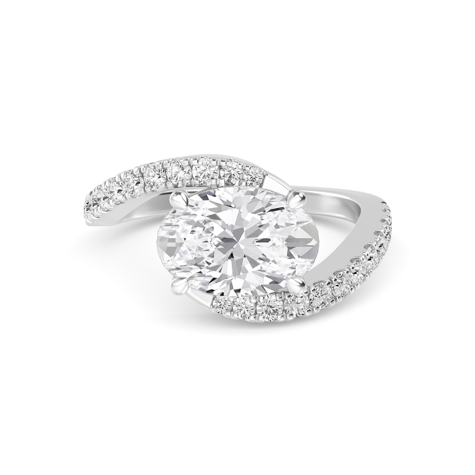 2.57ct East-West Oval Lab-Grown Diamond Ring in 14k White Gold with Pavé Wave Band