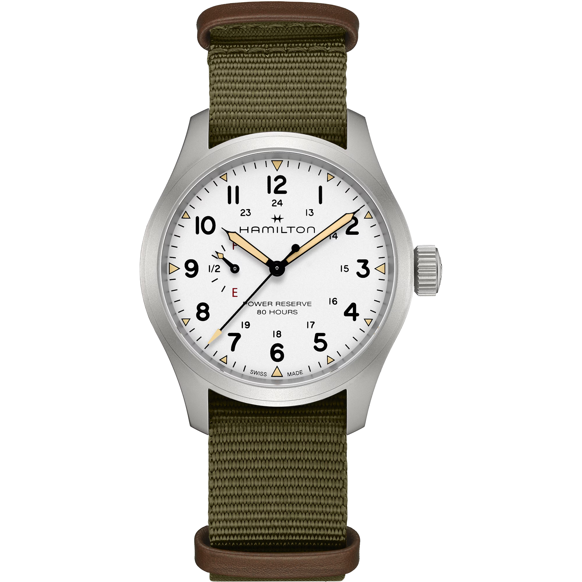 Hamilton H69509910 Khaki Field Mechanical Power Reserve White Dial NATO