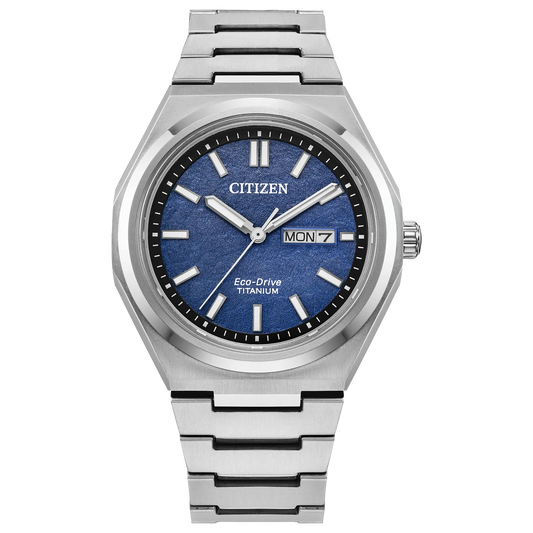 Citizen AW0130-85L Zenshin Three-Hand Super Titanium Blue Textured Dial Eco-Drive