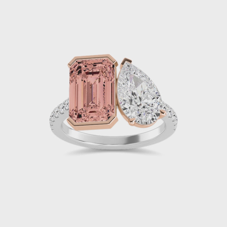 Toi et Moi Emerald and Pear Lab-Grown Diamond Engagement Ring in 14k White Gold with Pavé Band