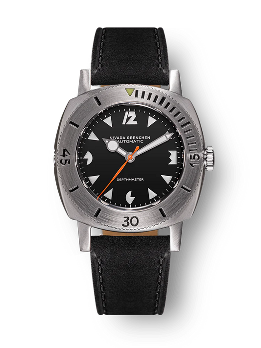 Nivada Grenchen 14102A15 White Art Deco Depthmaster Black Leather White Stitching Automatic