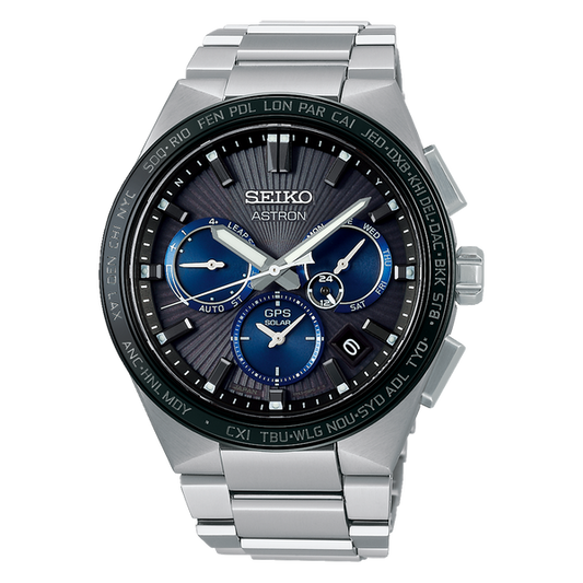 Seiko Astron SSH119 Sunburst Solar GPS Titanium Dual Time Black